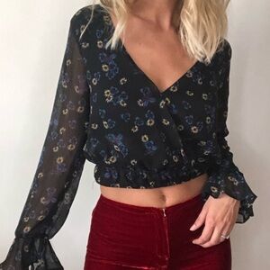 Black V Neck Long Sleeve Floral Blouse